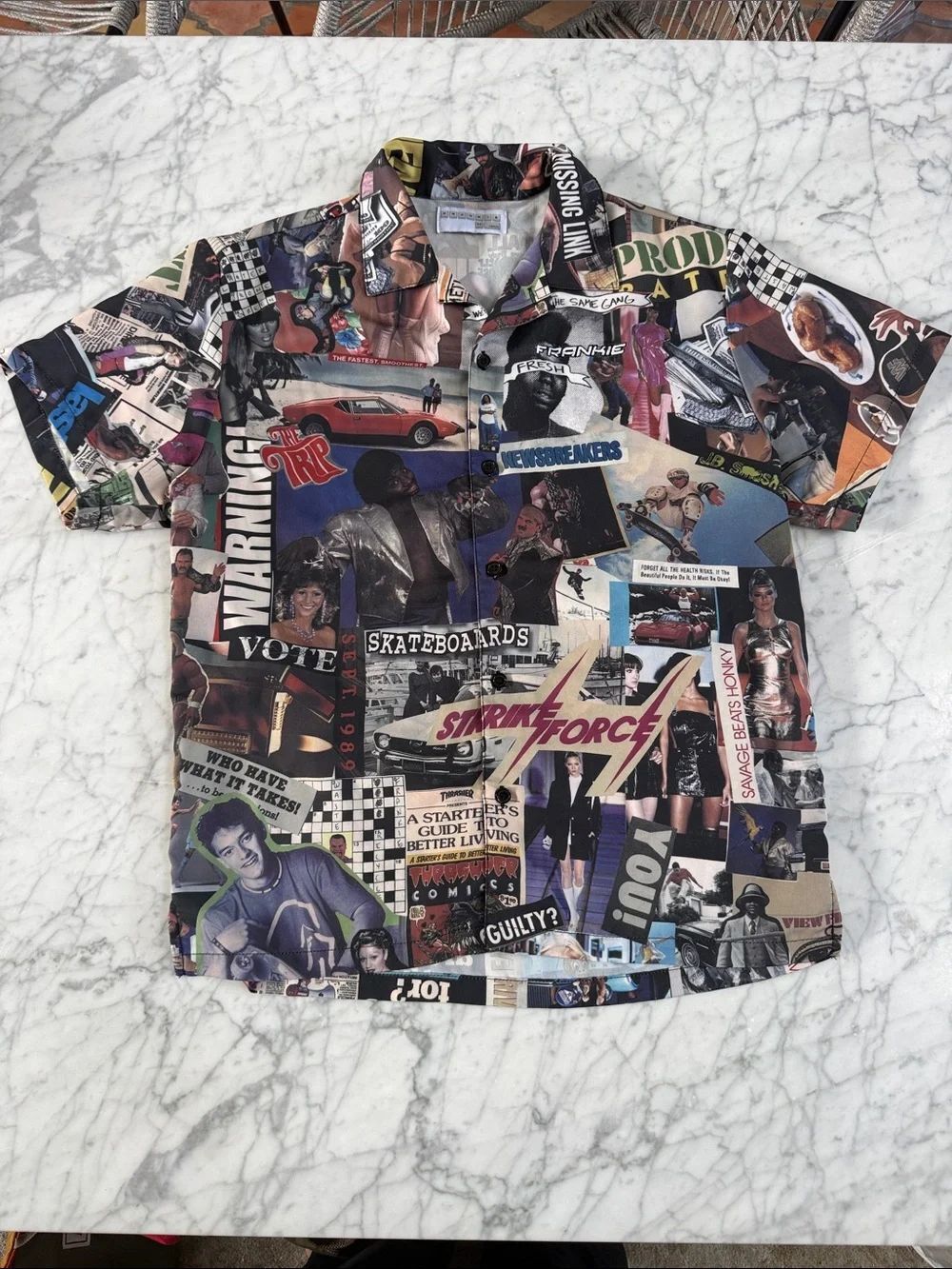 Frankie Collective F1 Knock Out 90’s Magazine Collage Button Down Shirt Sz M